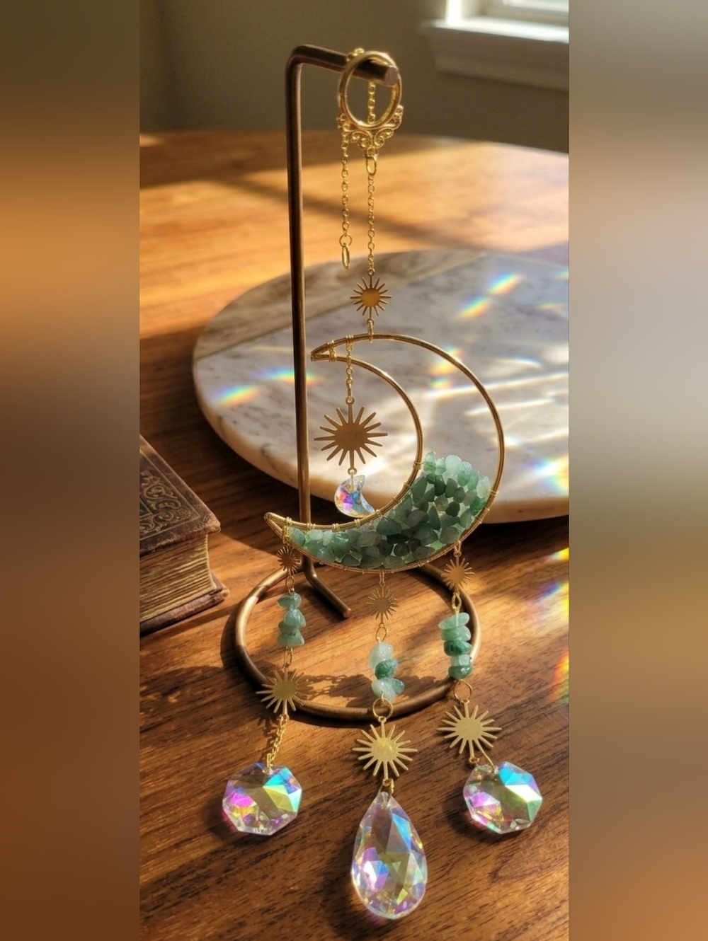 Gold Crescent Moon Suncatcher with Green Aventurine Chips and Iridescent Crystal